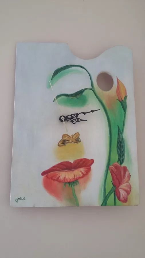 RELOJ DE PARED. PALETA DE PINTOR PINTADA AL OLEO