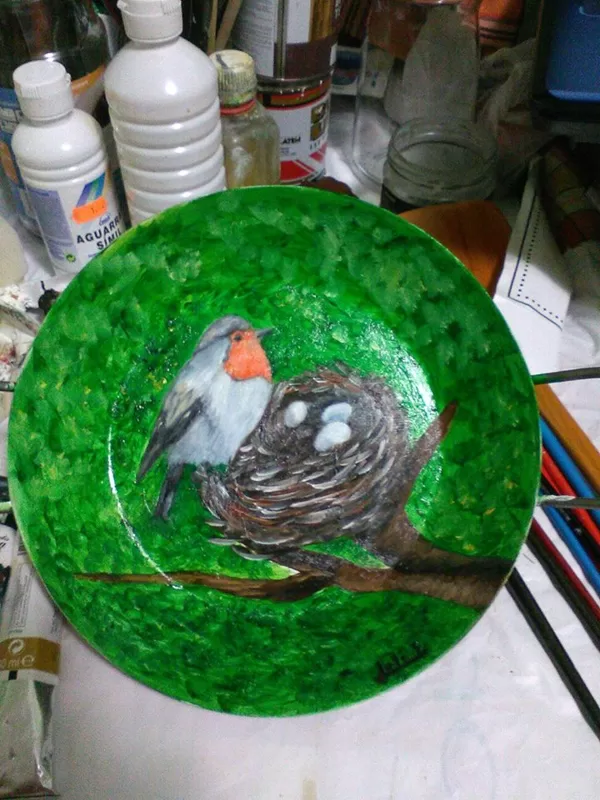 VIEJO PAELLERO RECICLADO CON MOTIVOS PINTADOS AL OLEO